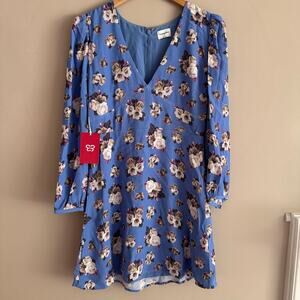 Aritzia Sunday Best Grayson Blue Floral Long Sleeve V Neck Mini Dress Size 6 New
